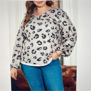 Leopard Animal Print Waffle Knit Long Balloon Sleeve Top Shirt Tan Black Size 2X